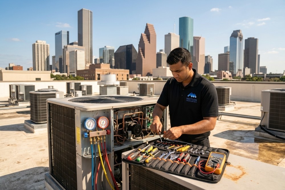 HVAC technician servicing rooftop unit at Houston multifamily property
