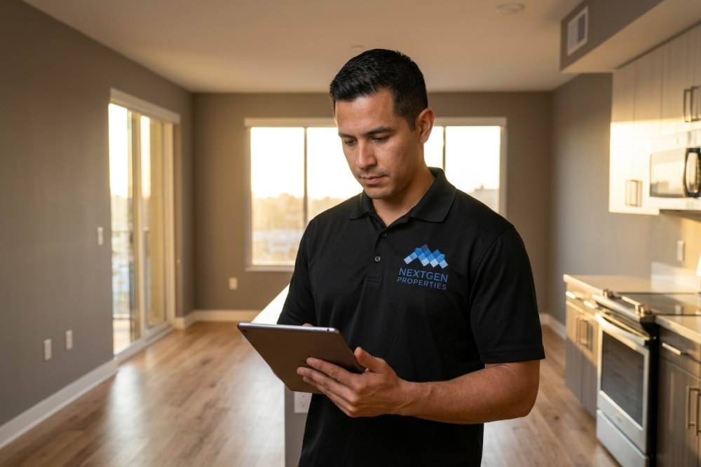 Property manager documenting unit condition during inspection with tablet