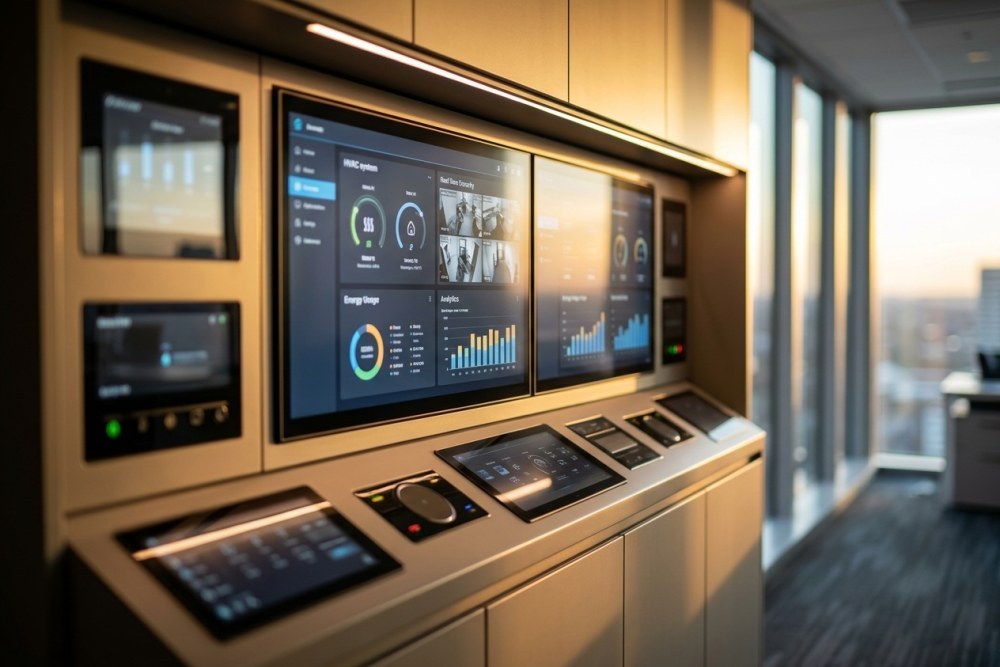 Modern building automation control panel showing HVAC and security system status