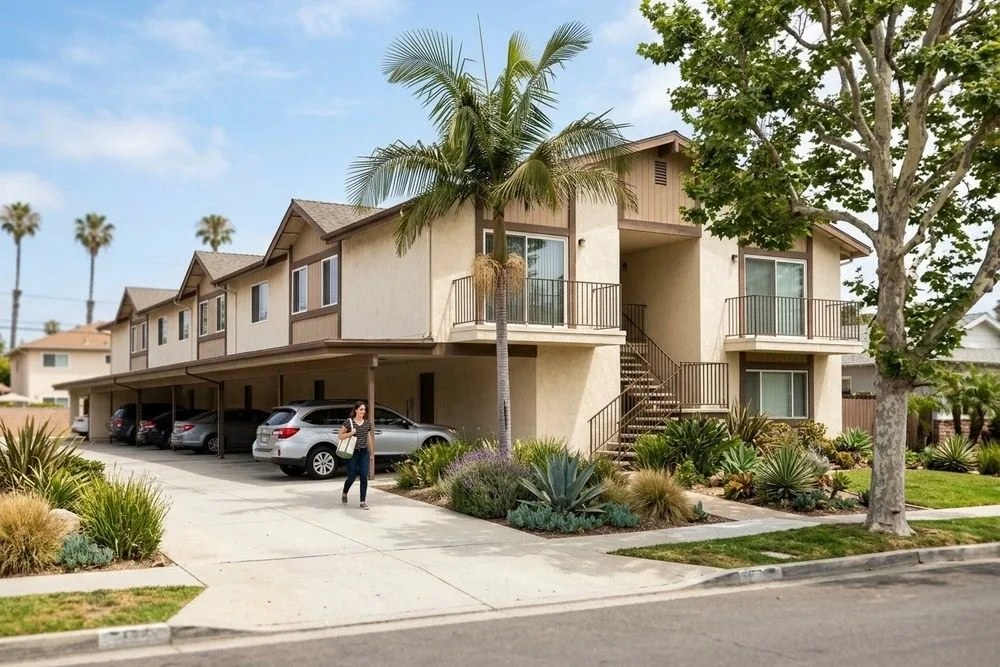 Well-maintained Huntington Beach apartment complex exterior with coastal California character