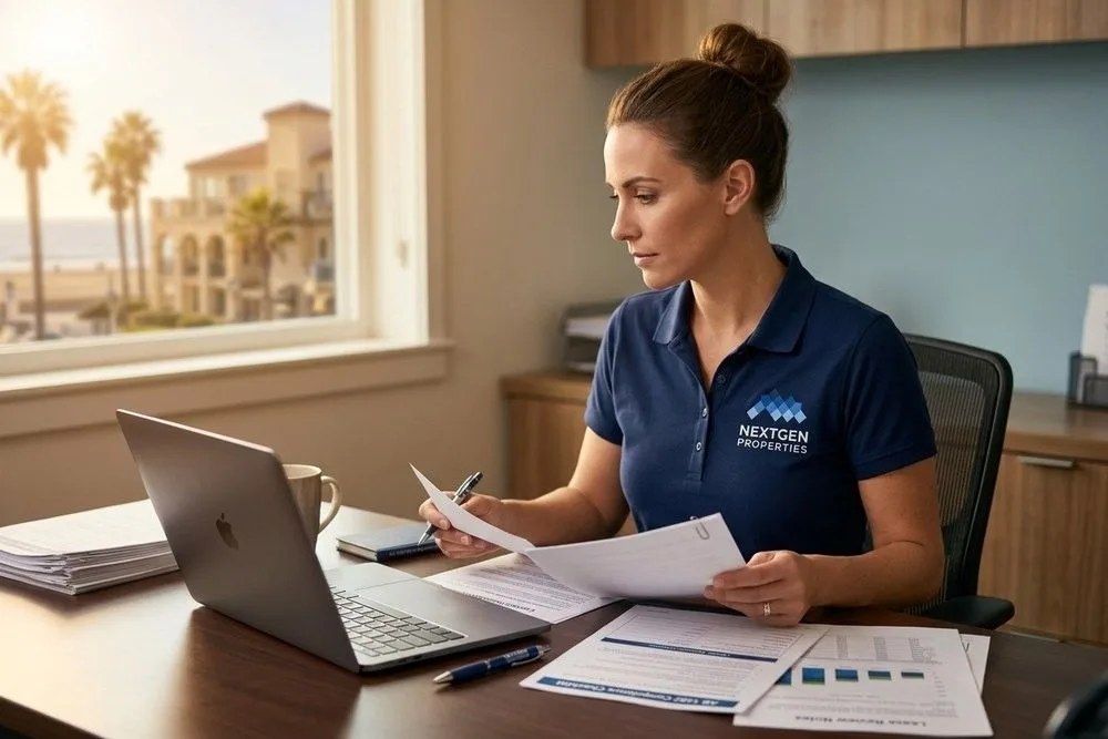 NextGen Properties manager reviewing lease compliance documents Huntington Beach California