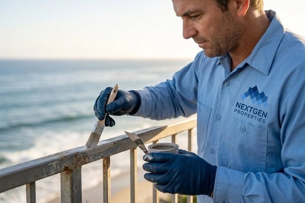 NextGen Properties technician treating salt air corrosion on coastal apartment railing Huntington Beach