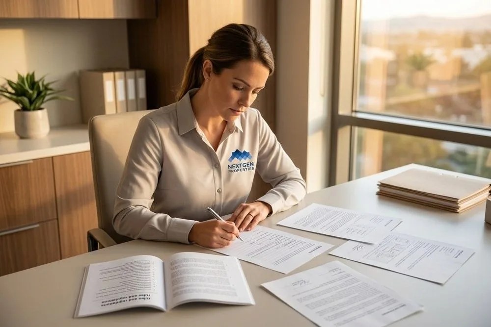 NextGen Properties manager reviewing HOA compliance documents at modern office desk Irvine
