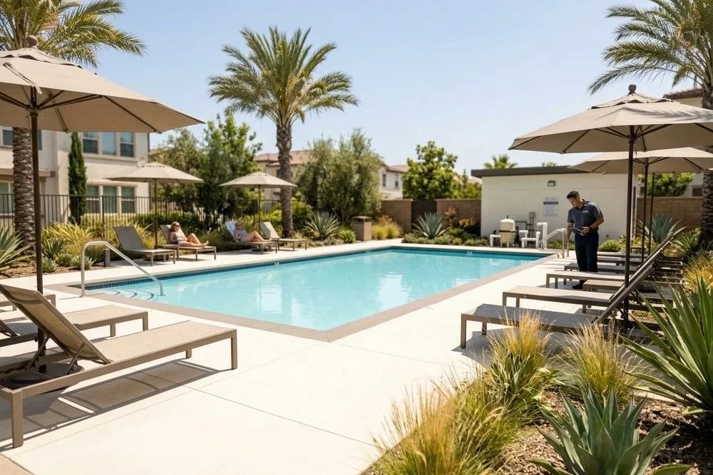 Irvine HOA apartment community pool with residents relaxing on loungers California