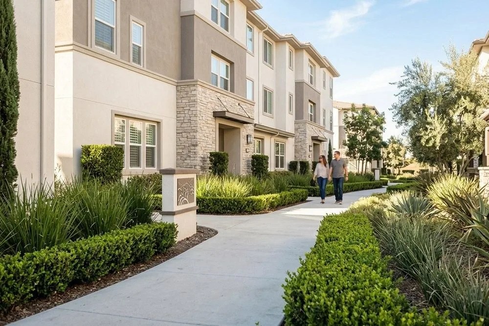 Modern Irvine California master-planned apartment community entrance with HOA landscaping