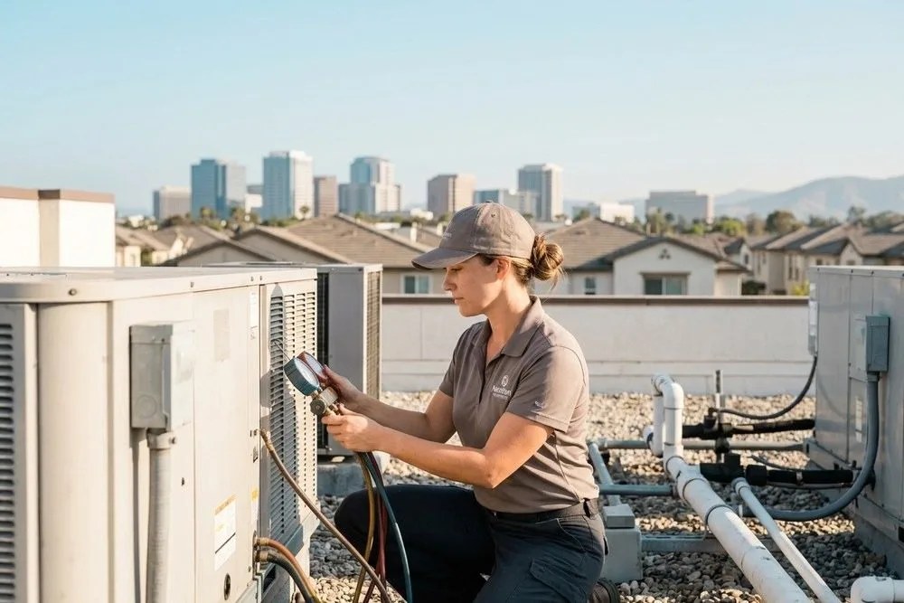 Licensed HVAC technician servicing rooftop unit at Irvine California apartment building