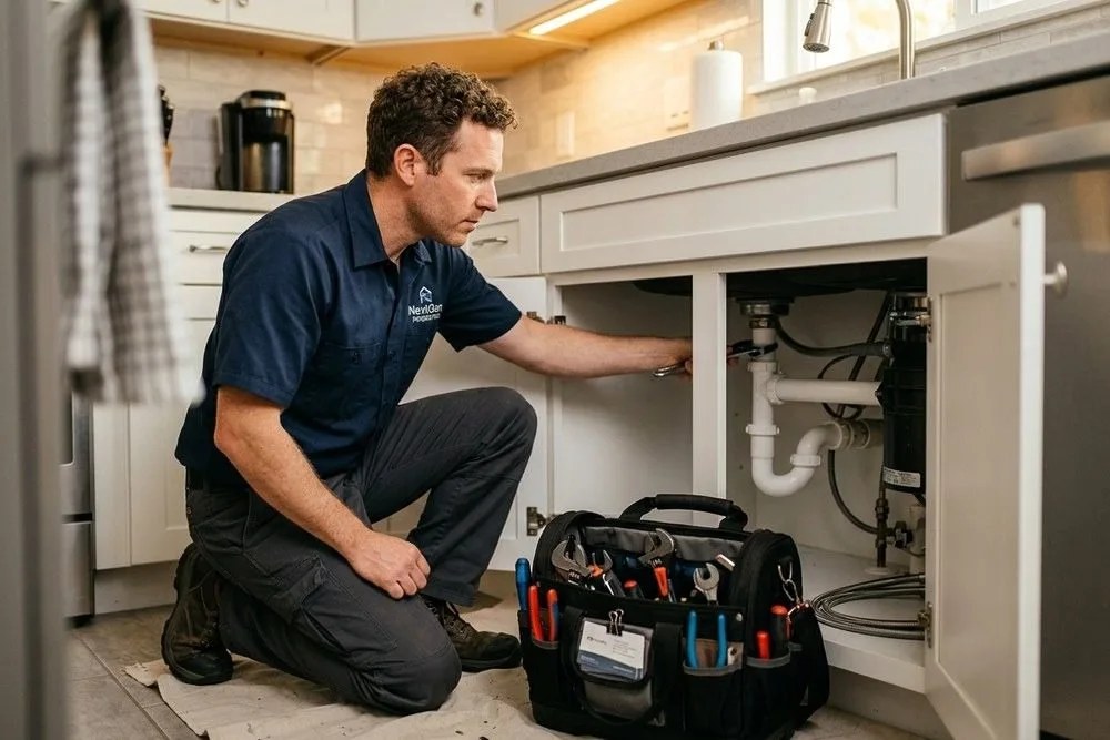 Licensed plumber making repair in California apartment unit professional tools