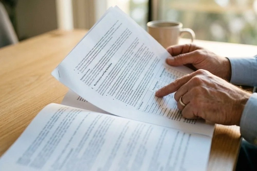 Landlord reading property management contract maintenance fee section closeup