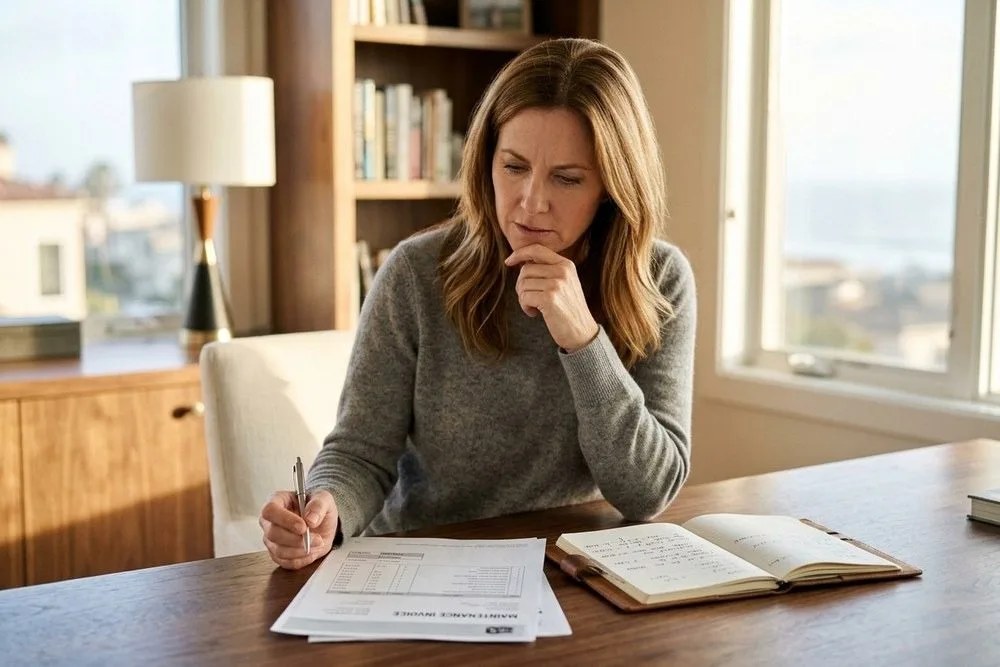 Property owner reviewing property management maintenance invoice markup fees desk