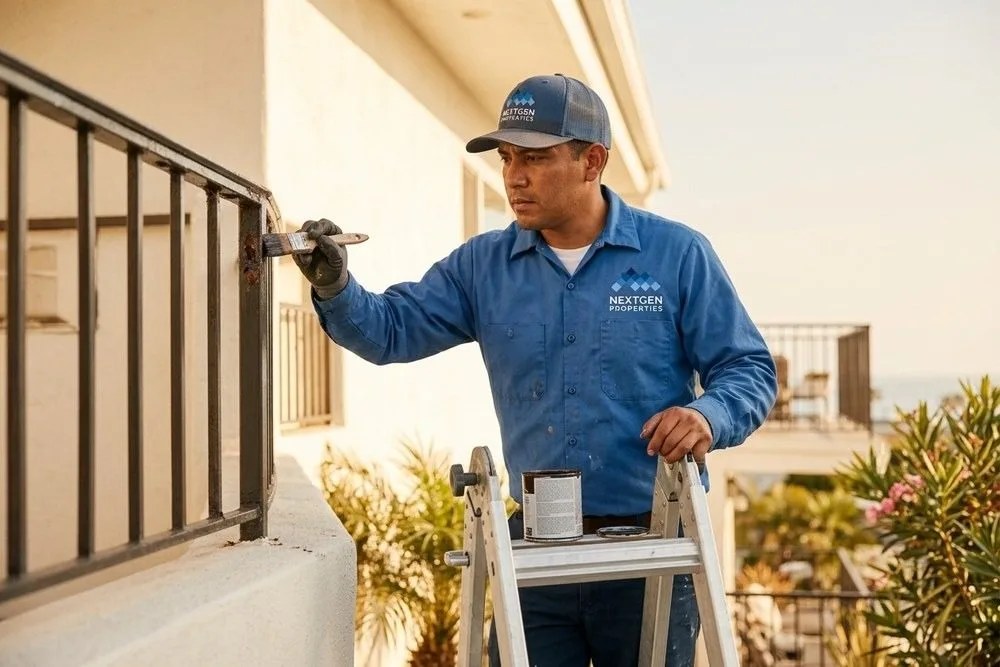 NextGen Properties maintenance worker repairing coastal railing at Newport Beach apartment building