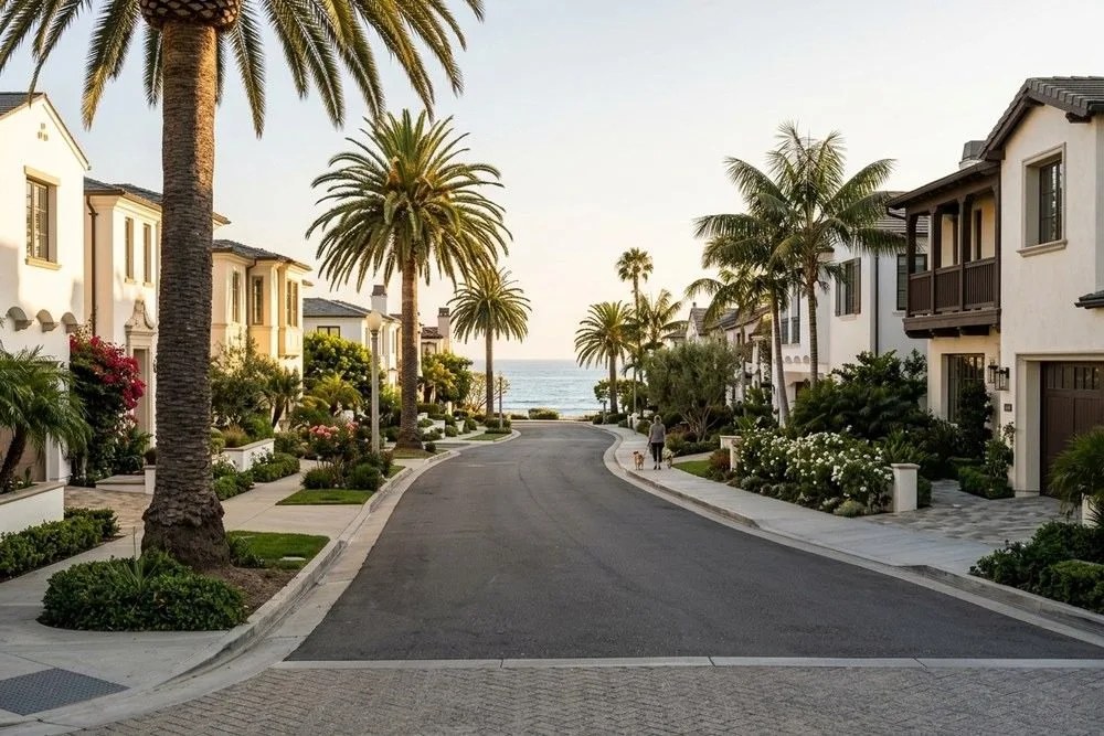 Corona del Mar Newport Beach residential street with upscale homes and ocean view