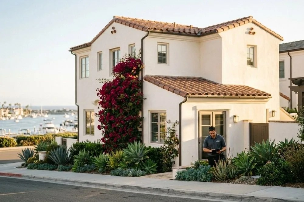 Premium Newport Beach coastal rental property Mediterranean exterior with Newport Harbor view