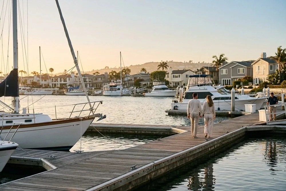 Newport Harbor waterfront with sailboats and yachts at golden hour California