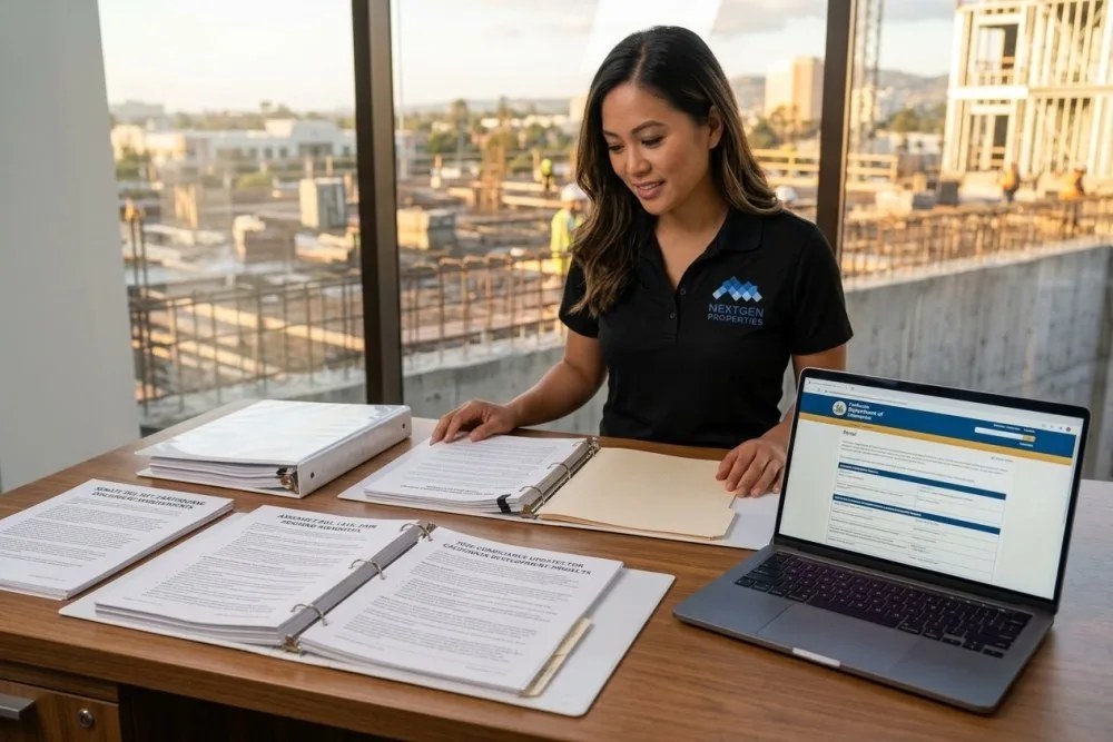 California regulatory compliance documents spread across office desk with 2026 insurance requirement updates