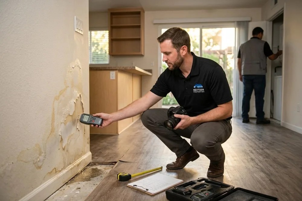 Insurance adjuster examining water damage in Orange County apartment unit with detailed assessment tools