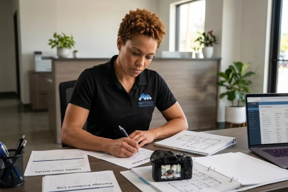 Property manager documenting liability claim details in Orange County apartment complex office