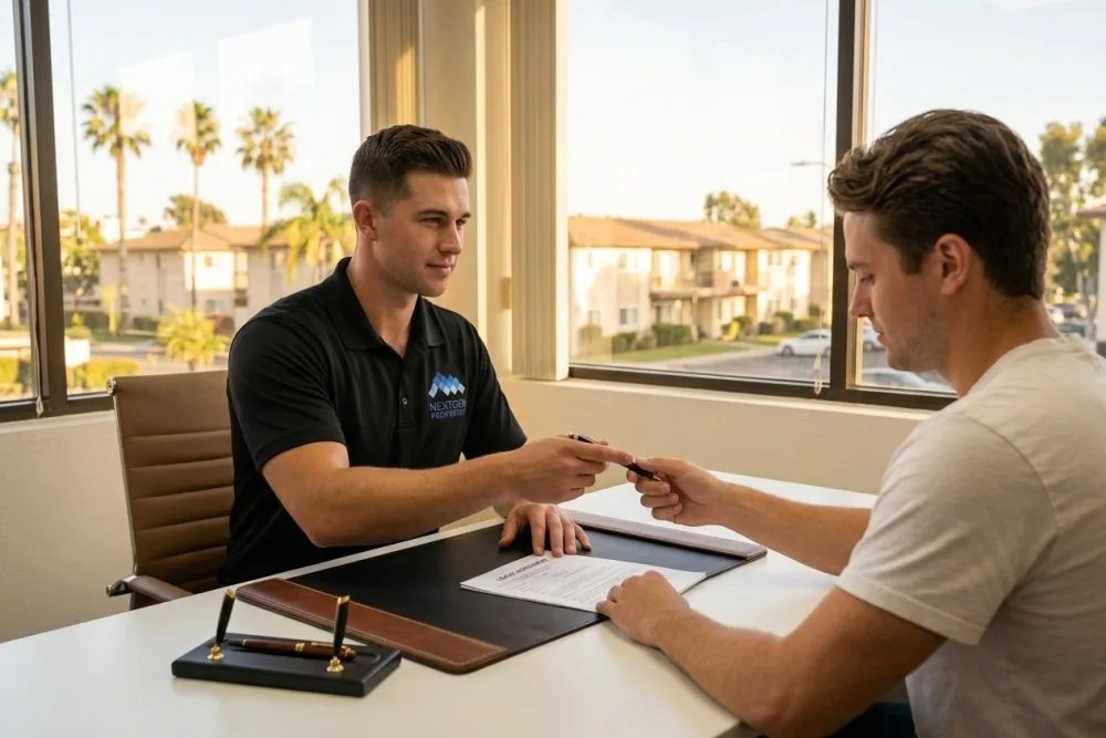 Property manager and tenant signing California lease agreement at office desk