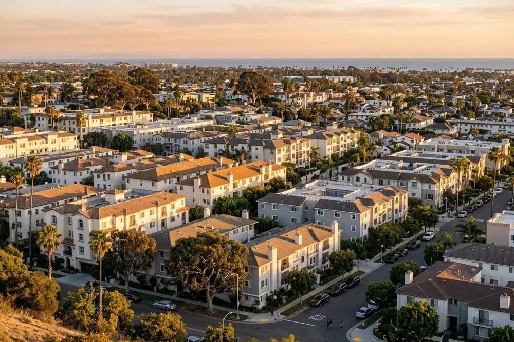 Aerial view of dense Orange County California apartment neighborhood at golden hour