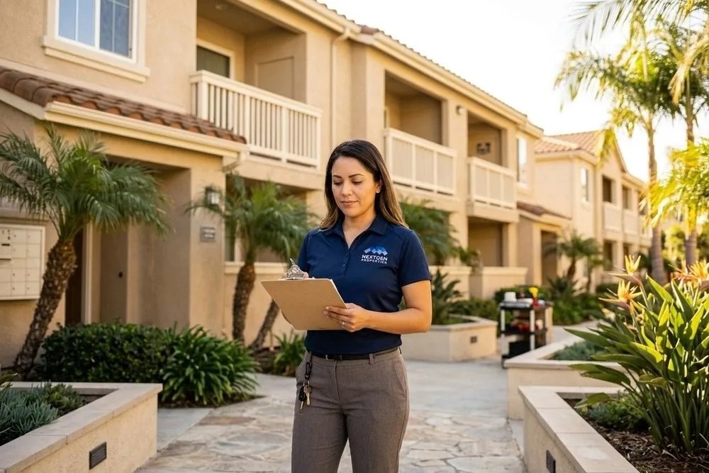 NextGen Properties manager reviewing work order at Orange County apartment complex