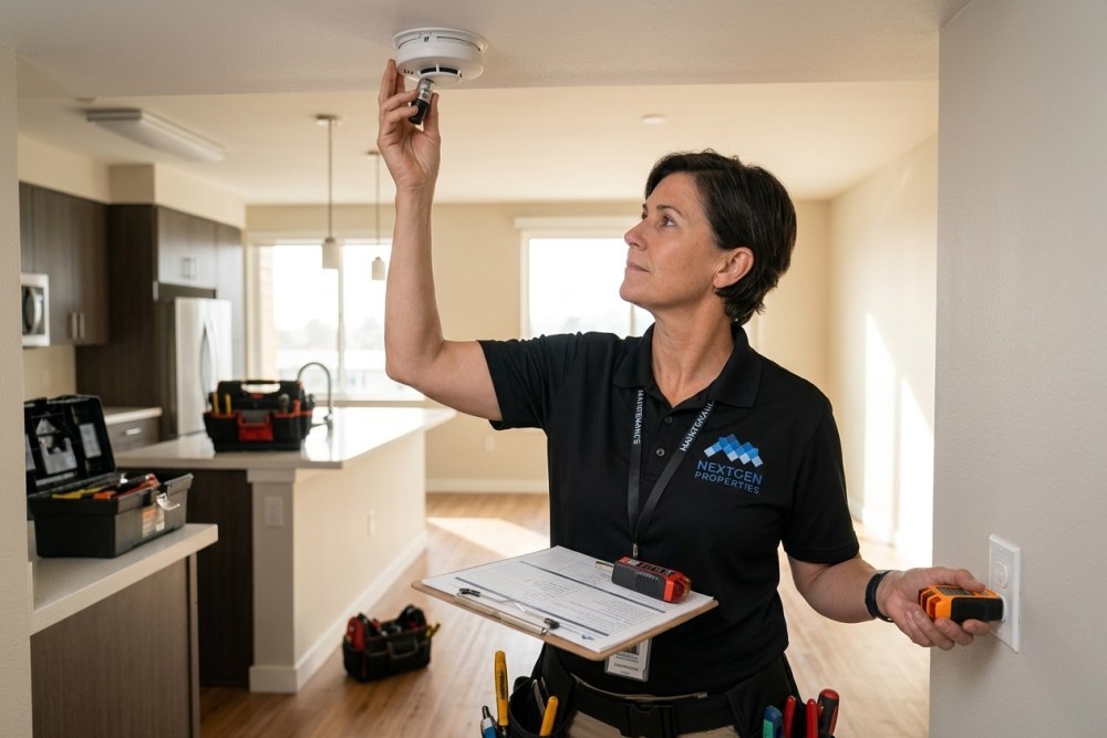Property maintenance worker conducting routine inspection with HQS checklist in apartment unit