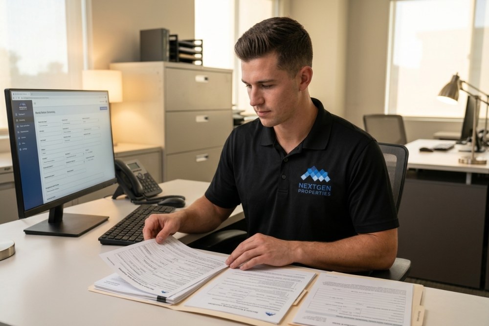 NextGen Properties manager reviewing Section 8 voucher application documents
