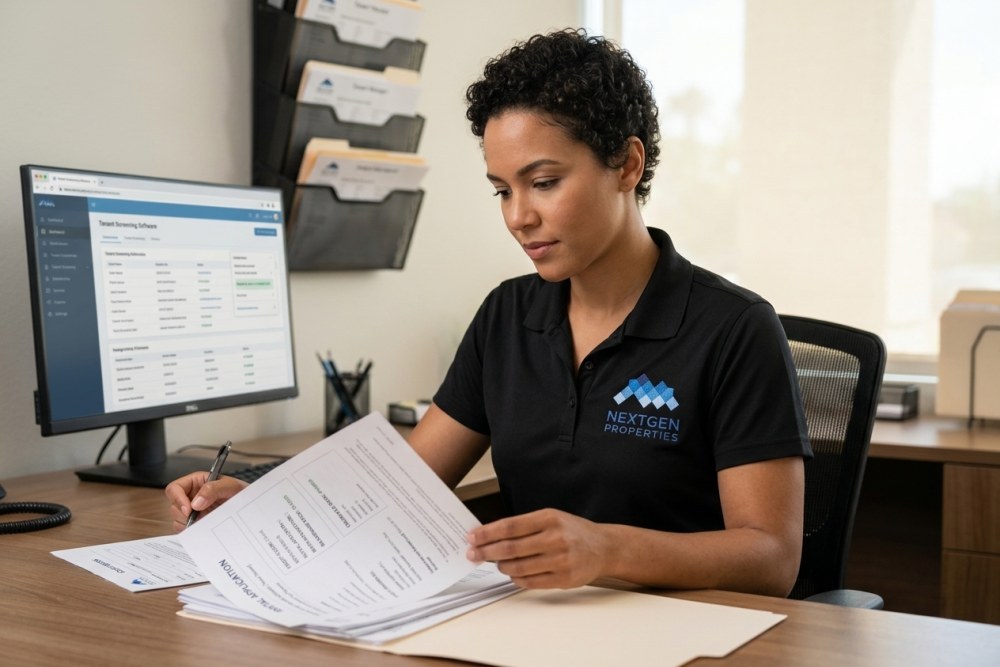 Property manager reviewing credit report and rental application documents at desk