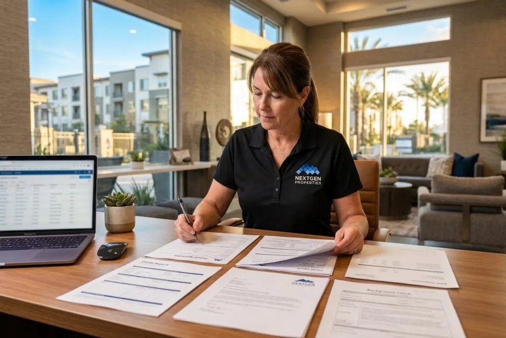 Organized tenant screening documents and verification paperwork on desk