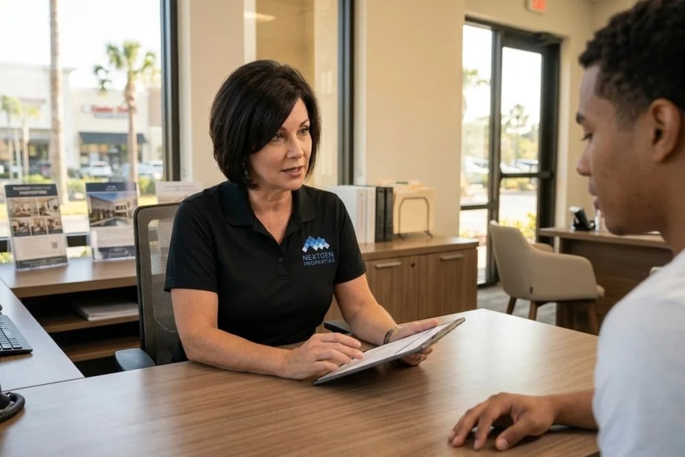 NextGen Properties manager interviewing prospective tenant in Orlando leasing office