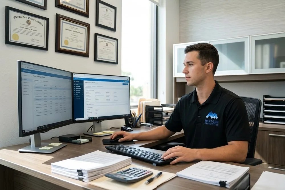 Professional tenant screening review at modern Orlando property management office