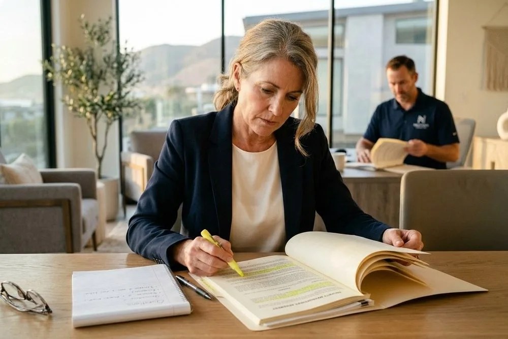 Landlord reviewing property management agreement contract key clauses highlighted desk