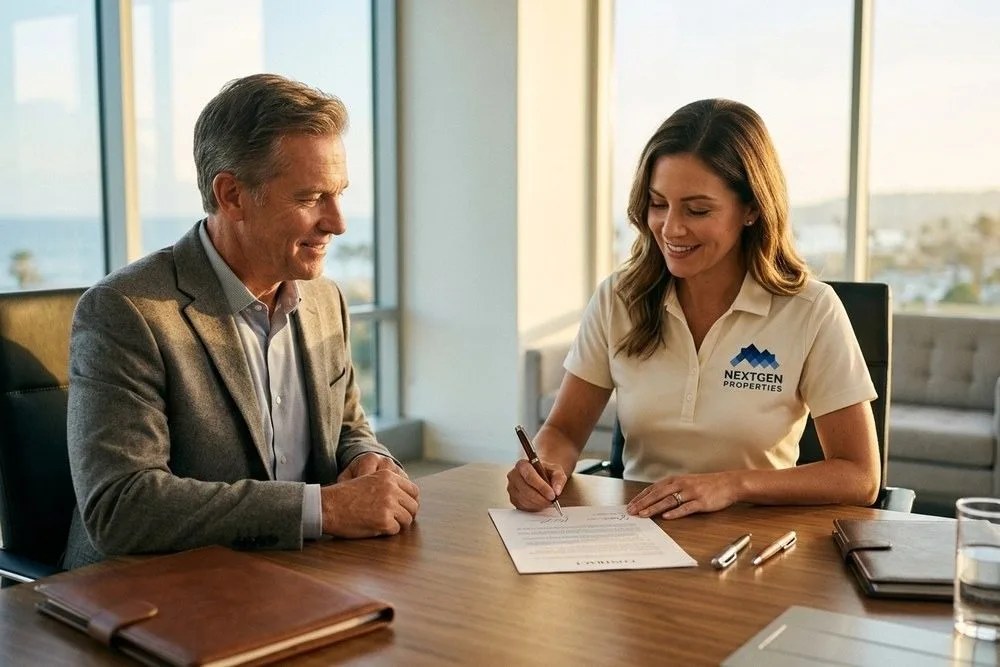NextGen Properties manager and landlord signing property management agreement conference room