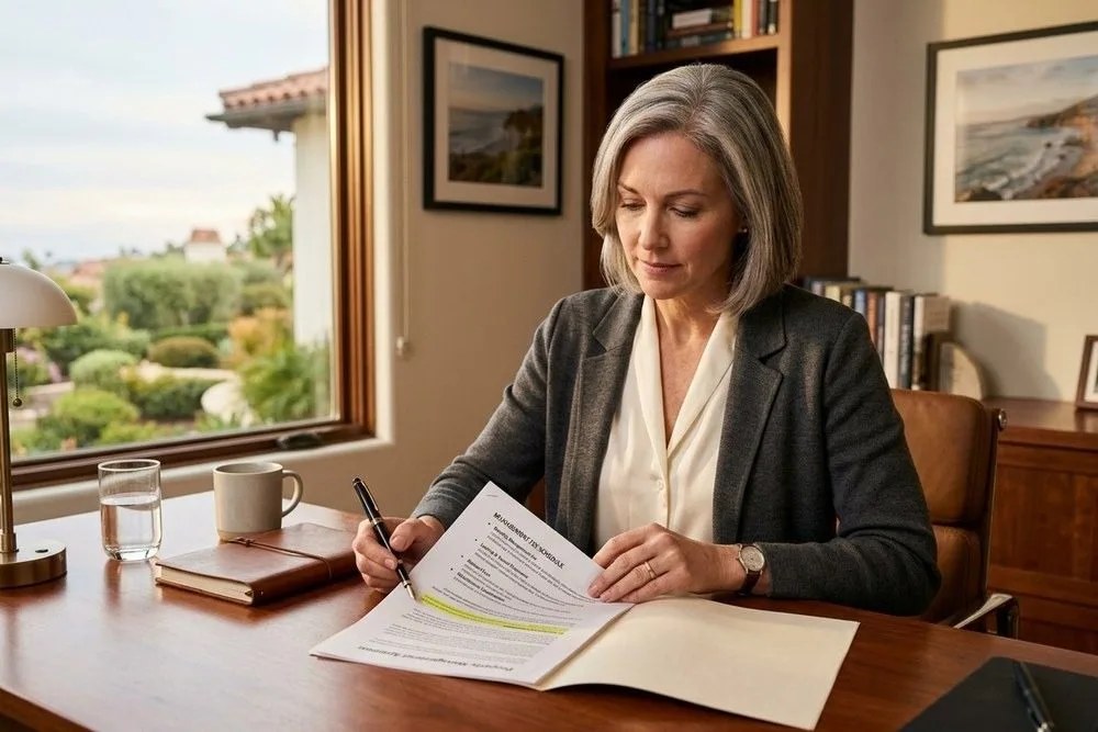 Landlord reviewing property management fee schedule contract highlighted desk