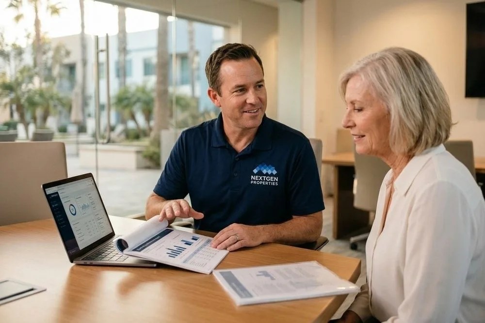 NextGen Properties manager presenting quarterly performance report to property owner