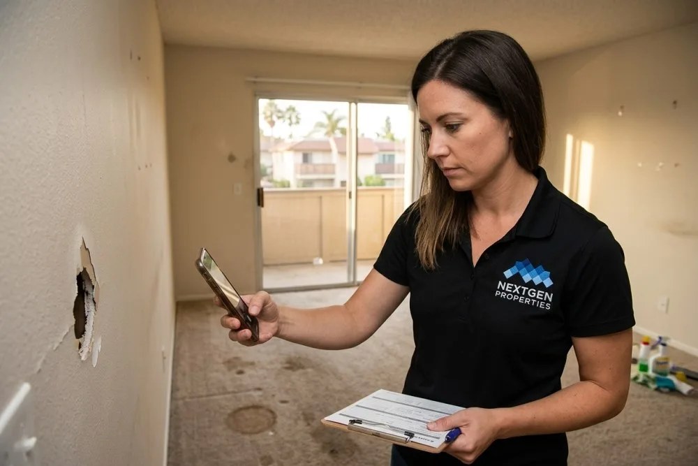 Property manager documenting apartment unit damage after bad tenancy California