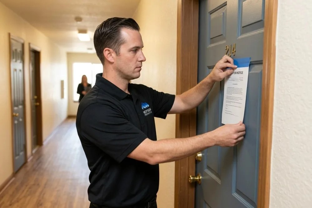 Process server posting California eviction notice on apartment door Orange County