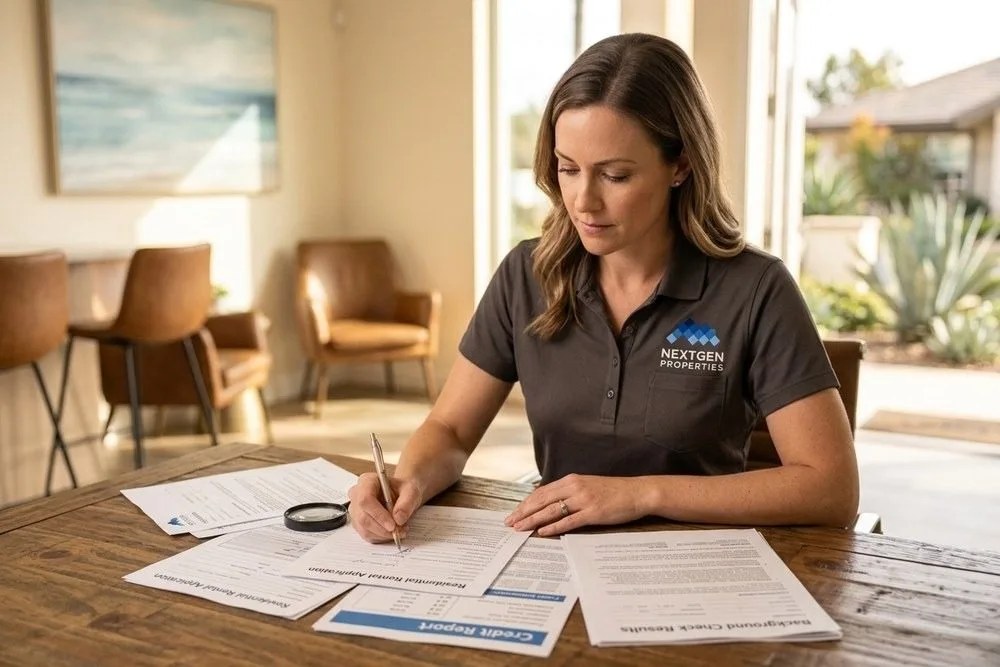 NextGen Properties leasing manager conducting thorough tenant screening background check Orange County