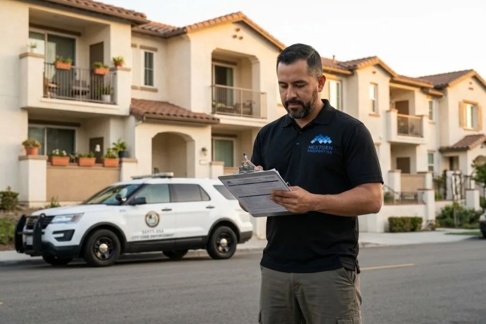 Santa Ana code enforcement officer conducting RSO compliance inspection at apartment complex