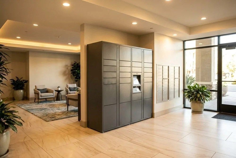 Upgraded apartment building lobby package lockers common area Orange County California retention