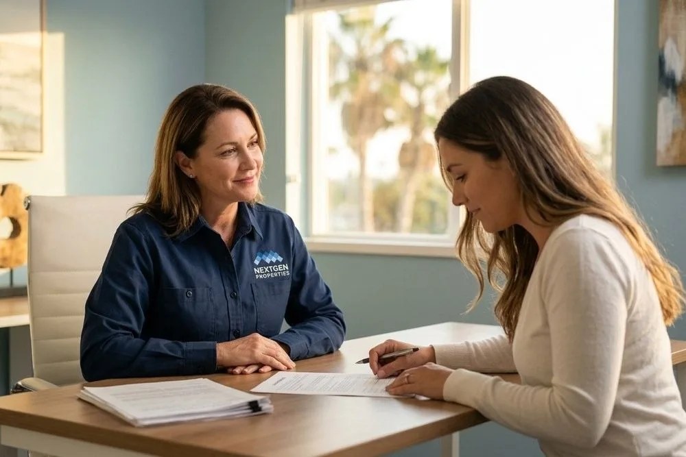 NextGen Properties manager presenting lease renewal offer to long-term tenant Orange County