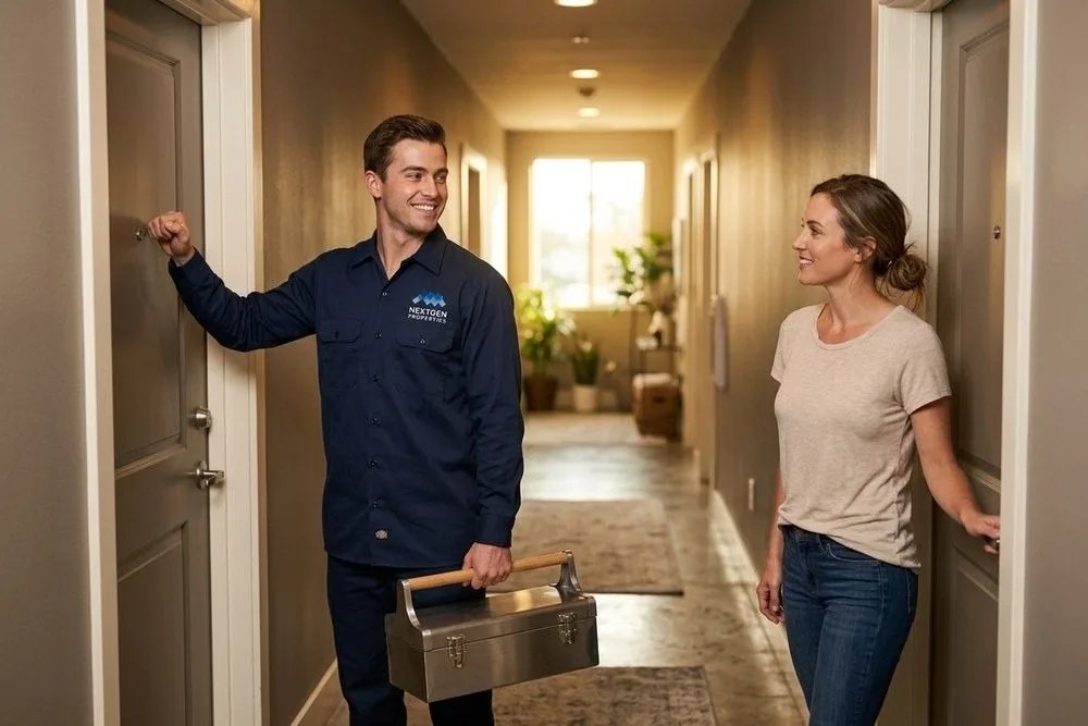 NextGen Properties maintenance technician arriving promptly at apartment unit tenant request Orange County
