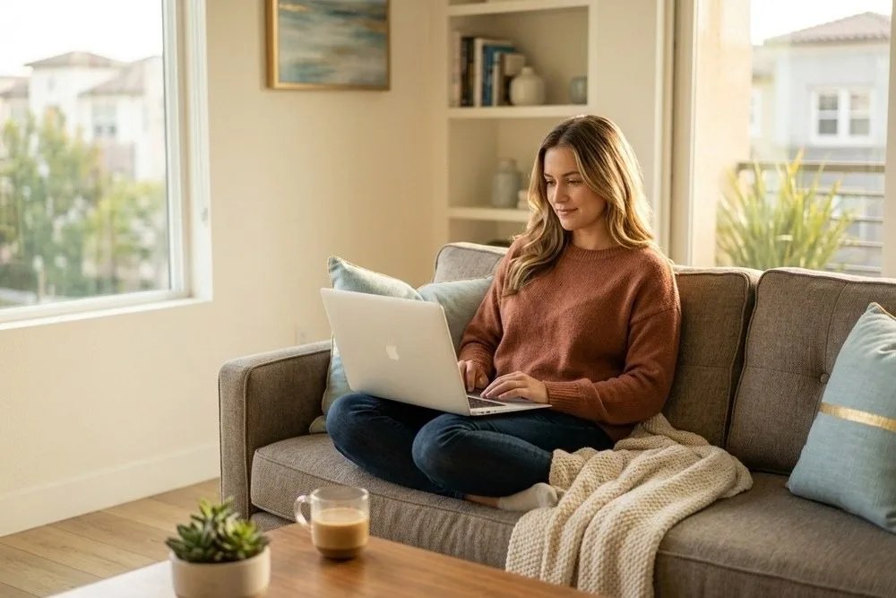 Tenant using laptop in California apartment with managed WiFi amenity internet service